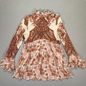 Free People Boho  Floral Mini Dress Brown/Burnt Orange Bell Sleeve Tie Back M